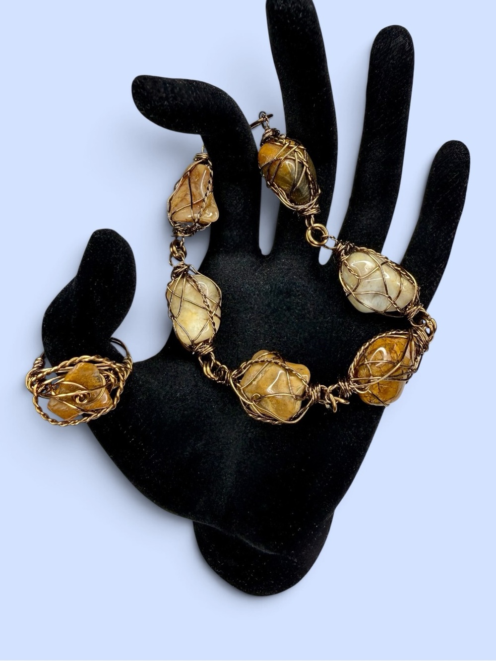 Artisan Wire Wrapped Natural Stone Bracelet & Ring‎ Copper Boho Set